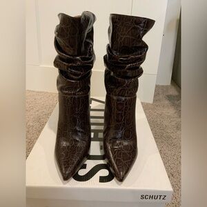 SCHUTZ Brown Croc-Embossed Heeled Boots